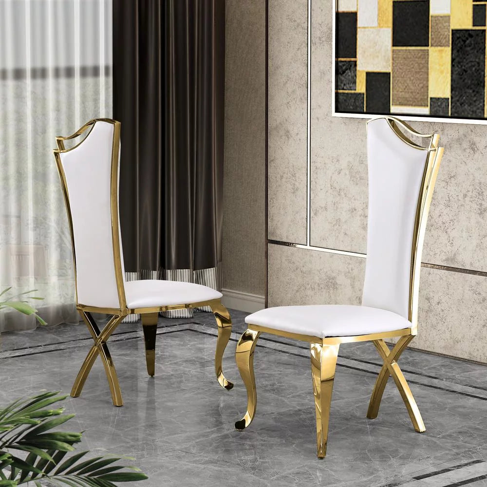 White Faux Leather Gold Stainless Steel Side Chairs Set of 2 K642012