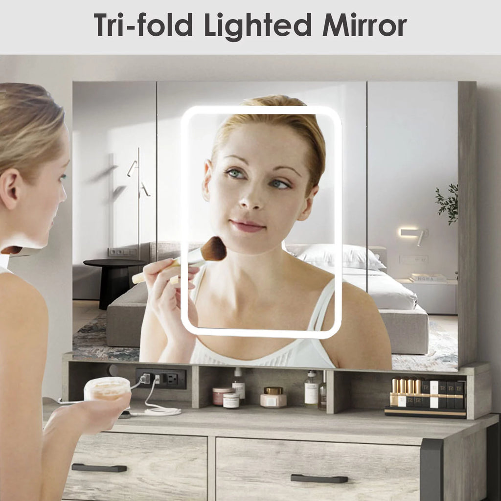 35.4in Makeup Vanity Desk with Lighted Mirror and Power Strip T580