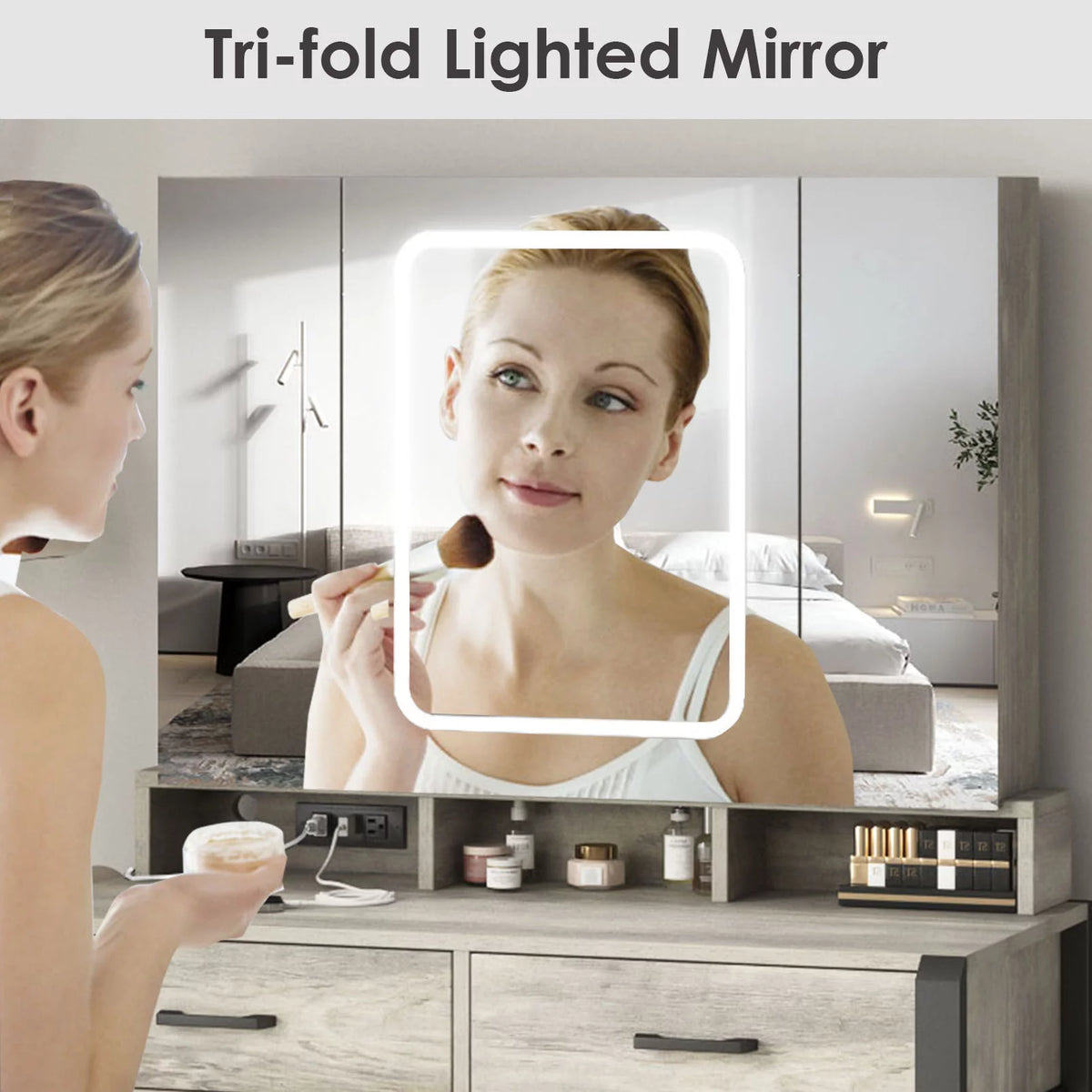 35.4in Makeup Vanity Desk with Lighted Mirror and Power Strip T580