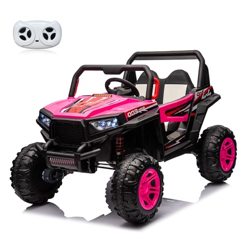 24V Ride on Car Kids Side by Side with Remote Control, 2 Seater 4WD Kids UTV Off-Road Power Wheels, Battery Powered Kids Cars to Drive w/ 4x100W Engine, 3 Speeds, Bluetooth, LED Lights (Pink) E9847