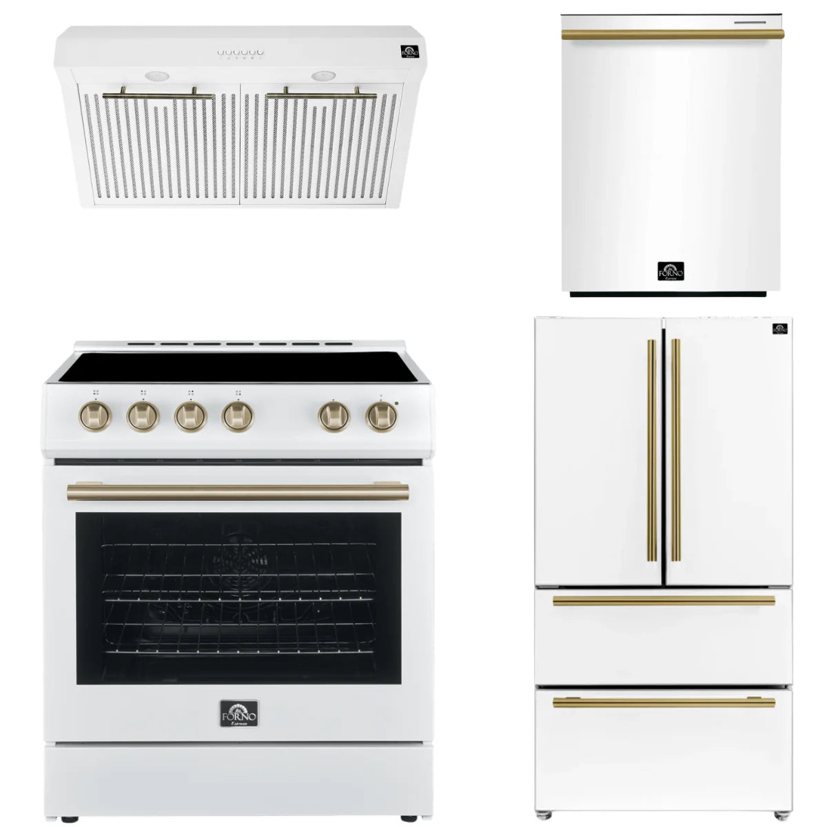 30 Electric Range, Range Hood, Refrigerator and Dishwasher in White D9927