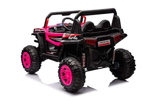 24V Ride on Car Kids Side by Side with Remote Control, 2 Seater 4WD Kids UTV Off-Road Power Wheels, Battery Powered Kids Cars to Drive w/ 4x100W Engine, 3 Speeds, Bluetooth, LED Lights (Pink) E9847