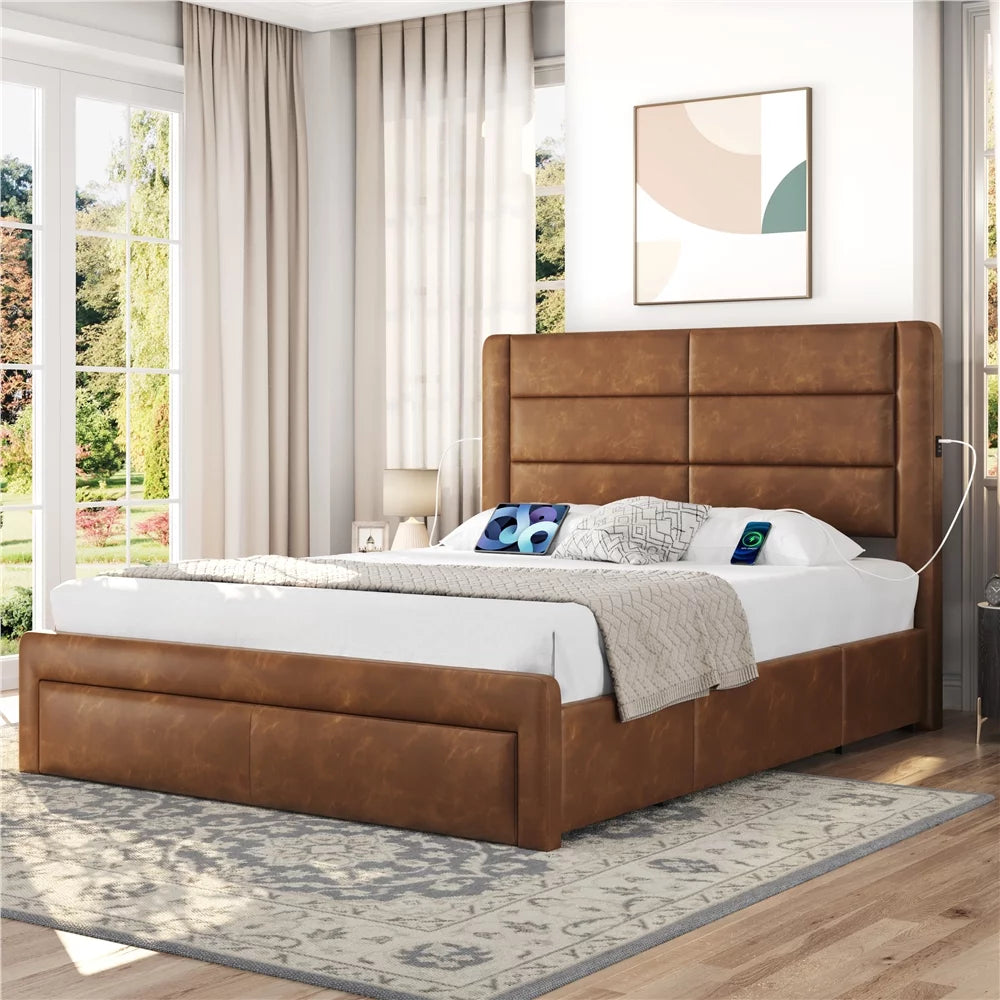 Black Queen Upholstered Platform Bed with 3 Storage Drawers H133