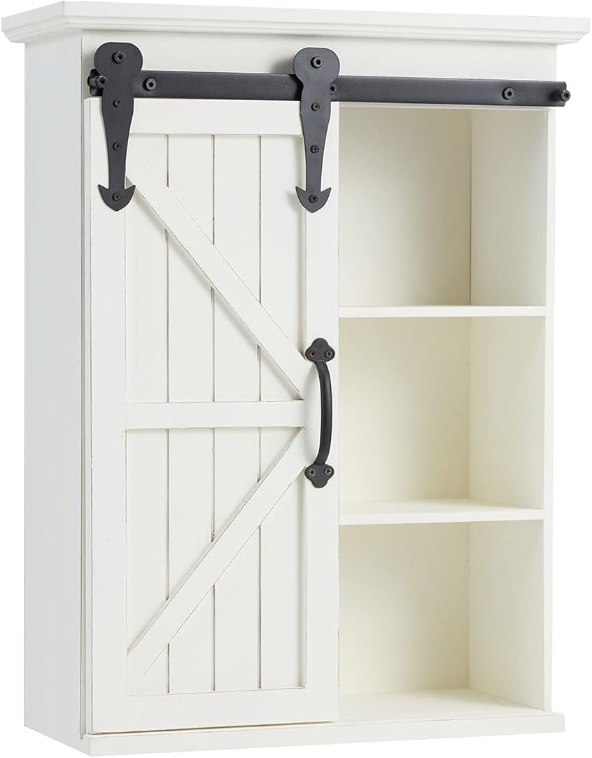 White Wood 3-Tier Wall Storage Cabinet with Sliding Barn Door M271337