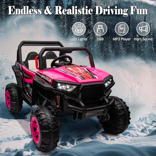 24V Ride on Car Kids Side by Side with Remote Control, 2 Seater 4WD Kids UTV Off-Road Power Wheels, Battery Powered Kids Cars to Drive w/ 4x100W Engine, 3 Speeds, Bluetooth, LED Lights (Pink) E9847