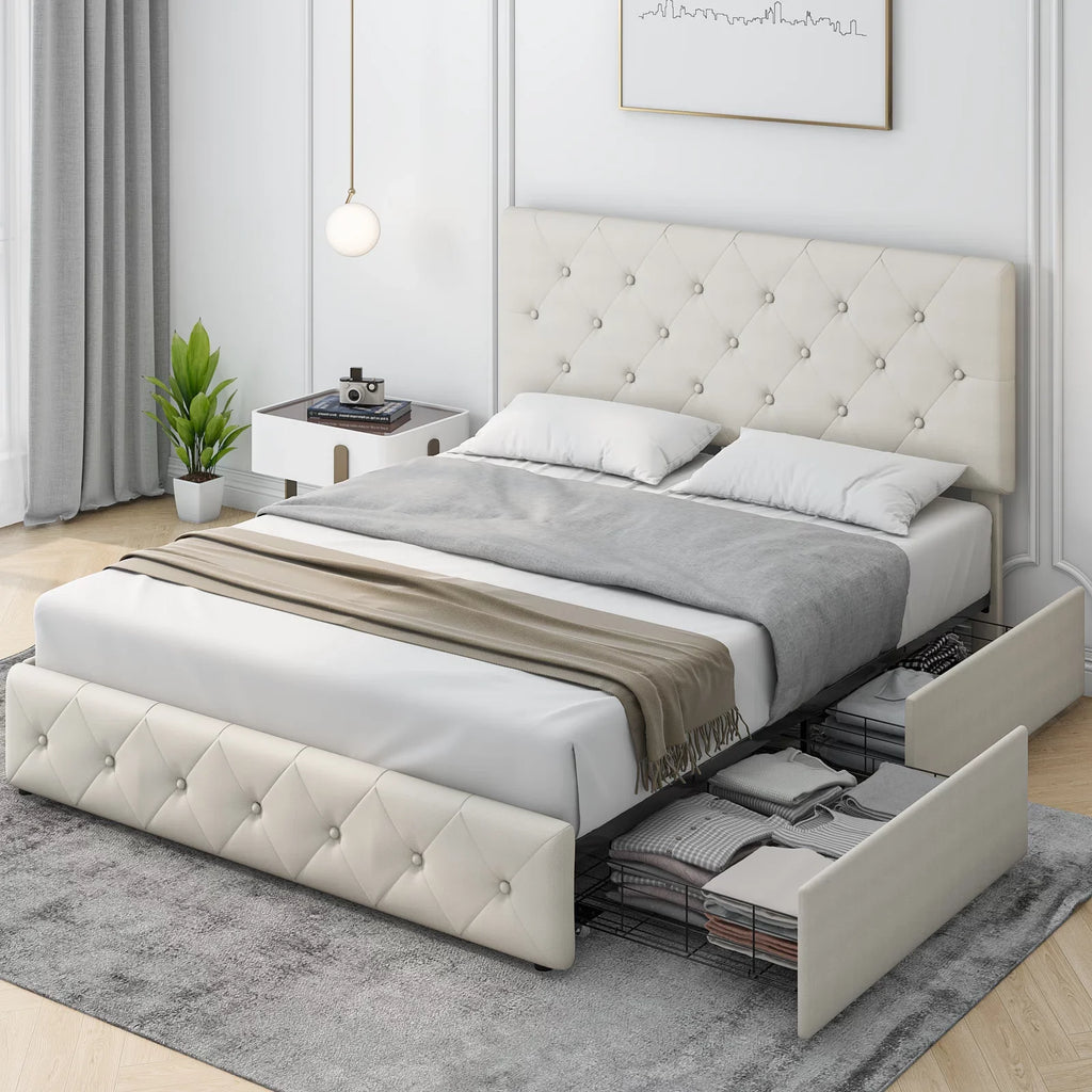 Queen Size 4 Drawer Tufted Upholstered Platform Bed Frame P742493