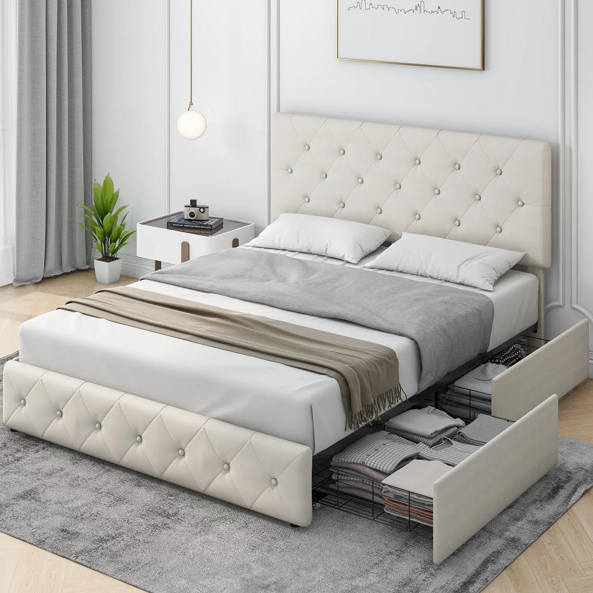 Queen Size 4 Drawer Tufted Upholstered Platform Bed Frame P742493