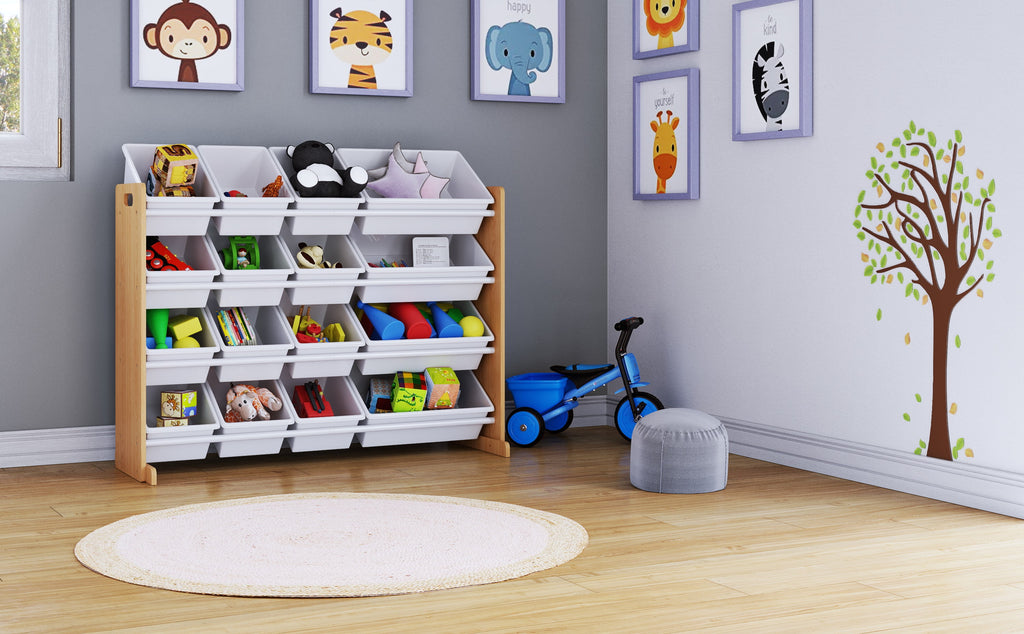 Kids Wood Toy Storage Organizer with 16 White Plastic Bins O402