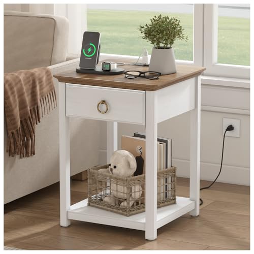 White Solid Wood Square End Table with Drawer X4087