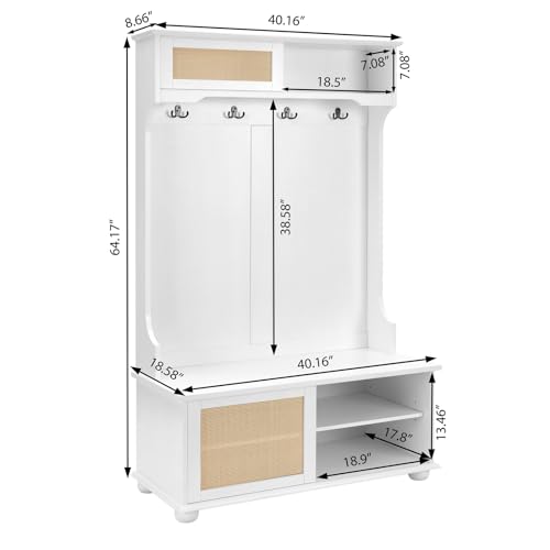 64" 3-in-1 Hall Tree Entryway Four Hooks Rattan Door Shelves Shoe Storage Bench Cabinets with Solid Feet J853