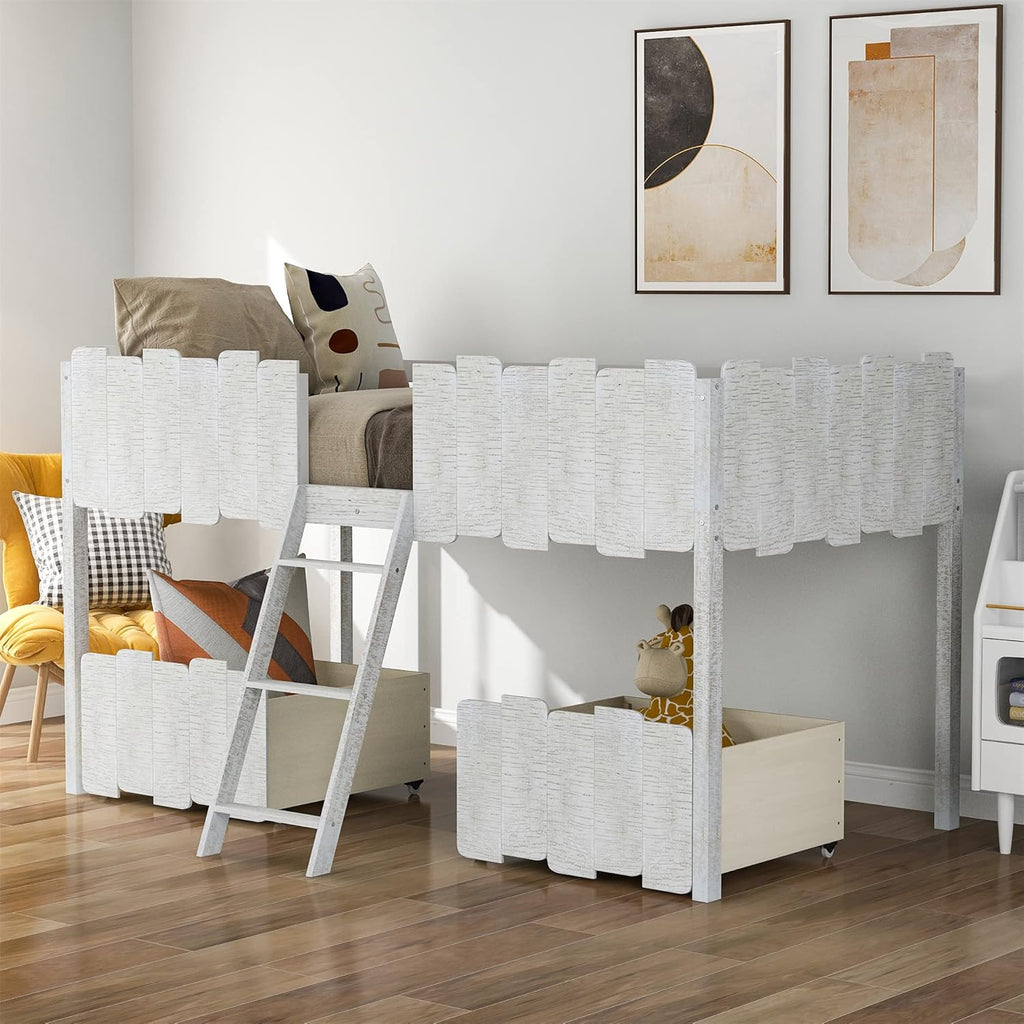 White Twin Loft Bed with Storage Drawers G625792