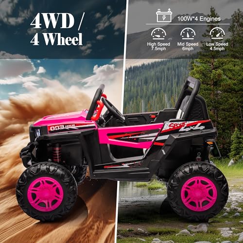 24V Ride on Car Kids Side by Side with Remote Control, 2 Seater 4WD Kids UTV Off-Road Power Wheels, Battery Powered Kids Cars to Drive w/ 4x100W Engine, 3 Speeds, Bluetooth, LED Lights (Pink) E9847