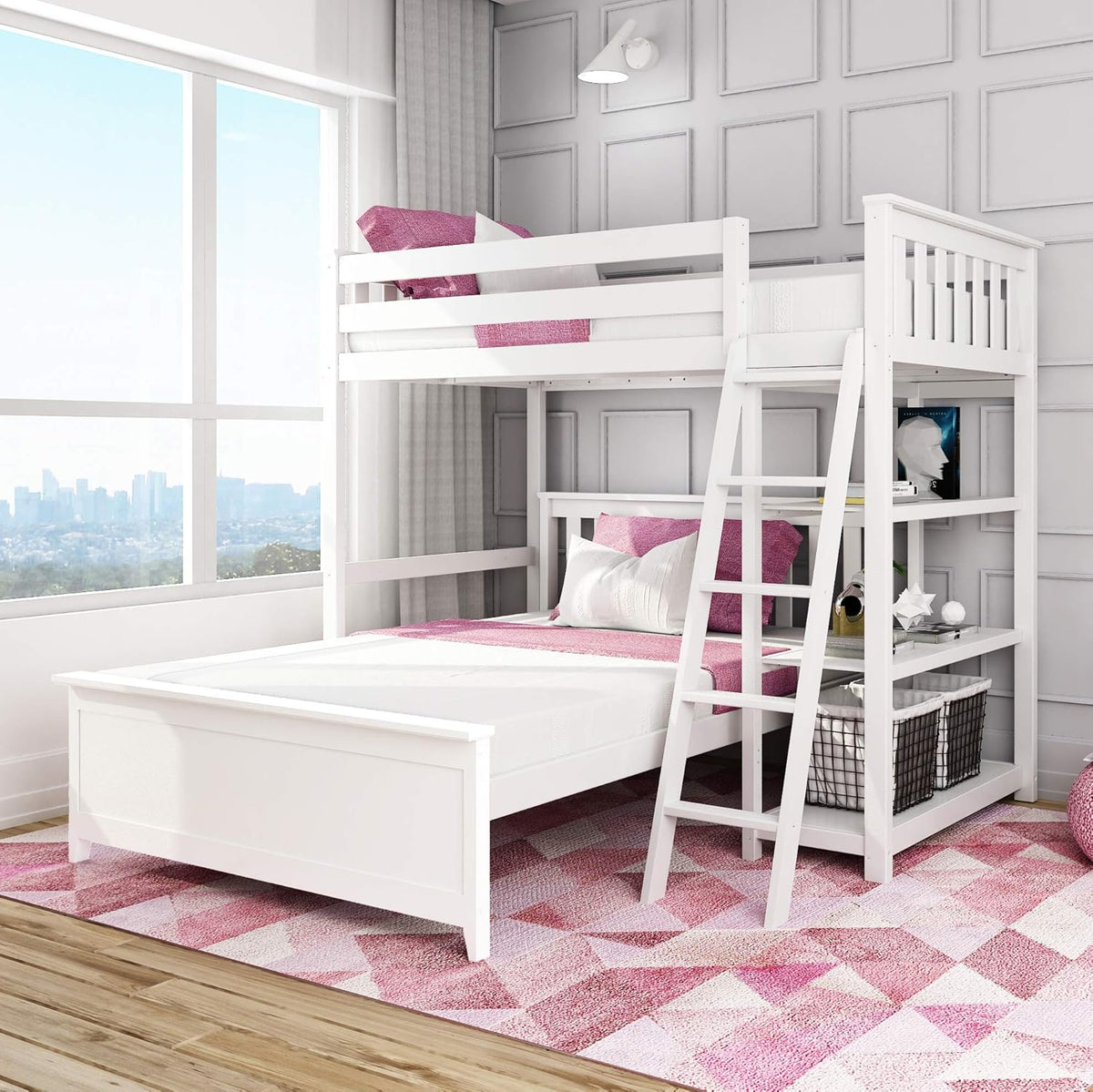 White L Shape Bunk Bed with Bookcase U37904