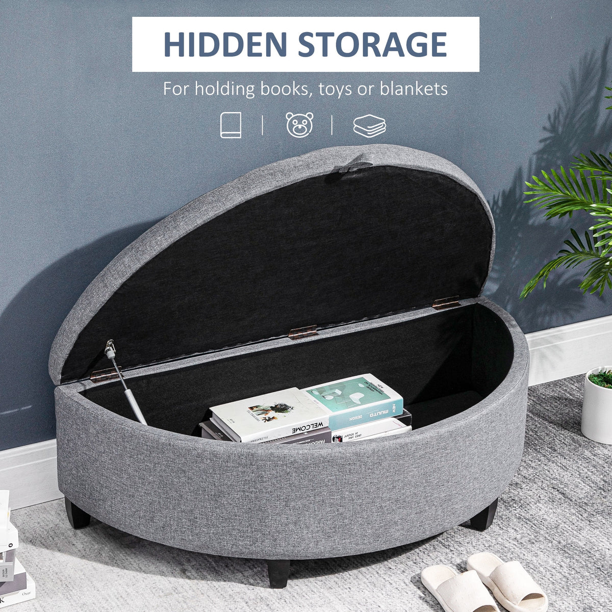 Gray Half Moon Storage Ottoman with Lift Lid T88566