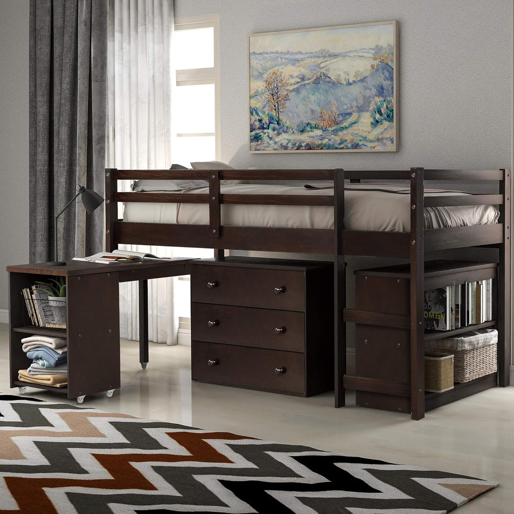 White Twin Loft Bed with Storage Drawers G625792