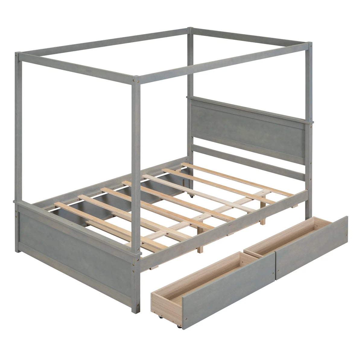 Gray Full Size Canopy Bed Frame with Trundle and 2 Storage Drawers B867