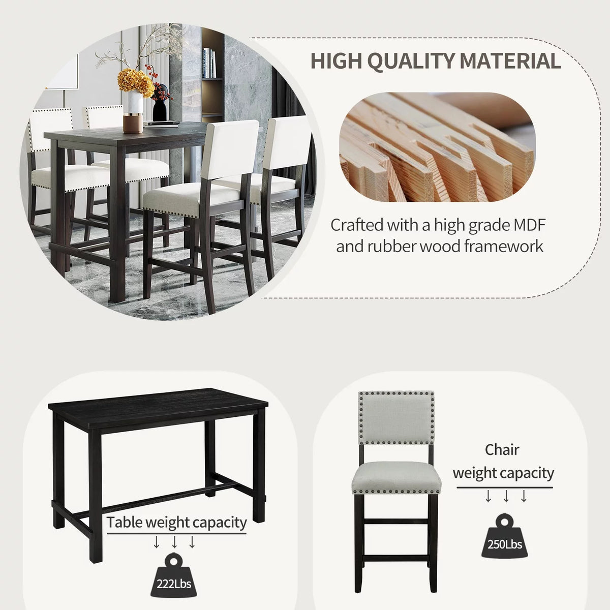 5 Piece Counter Height Dining Table Set with 4 Cushioned Chairs T77913