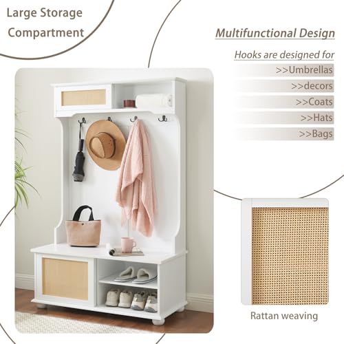 64" 3-in-1 Hall Tree Entryway Four Hooks Rattan Door Shelves Shoe Storage Bench Cabinets with Solid Feet J853