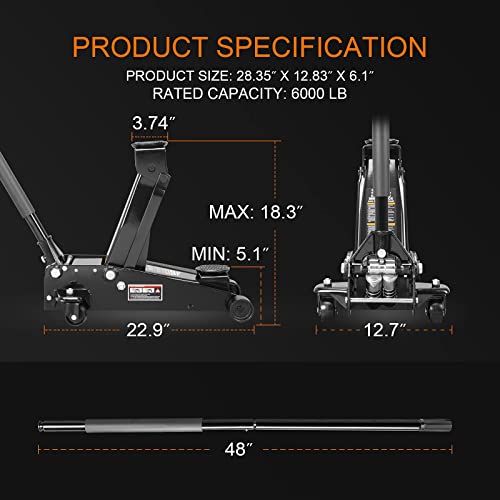Black Steel Racing Floor Jack, 3 Ton (6,000 lb) Capacity M15136