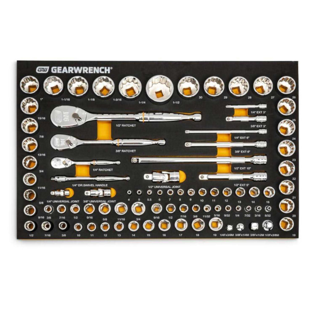 83 Pc. 1/4 3/8 1/2 90-Tooth SAE/Metric Mechanics Tool Set with EVA Foam Tray W7468