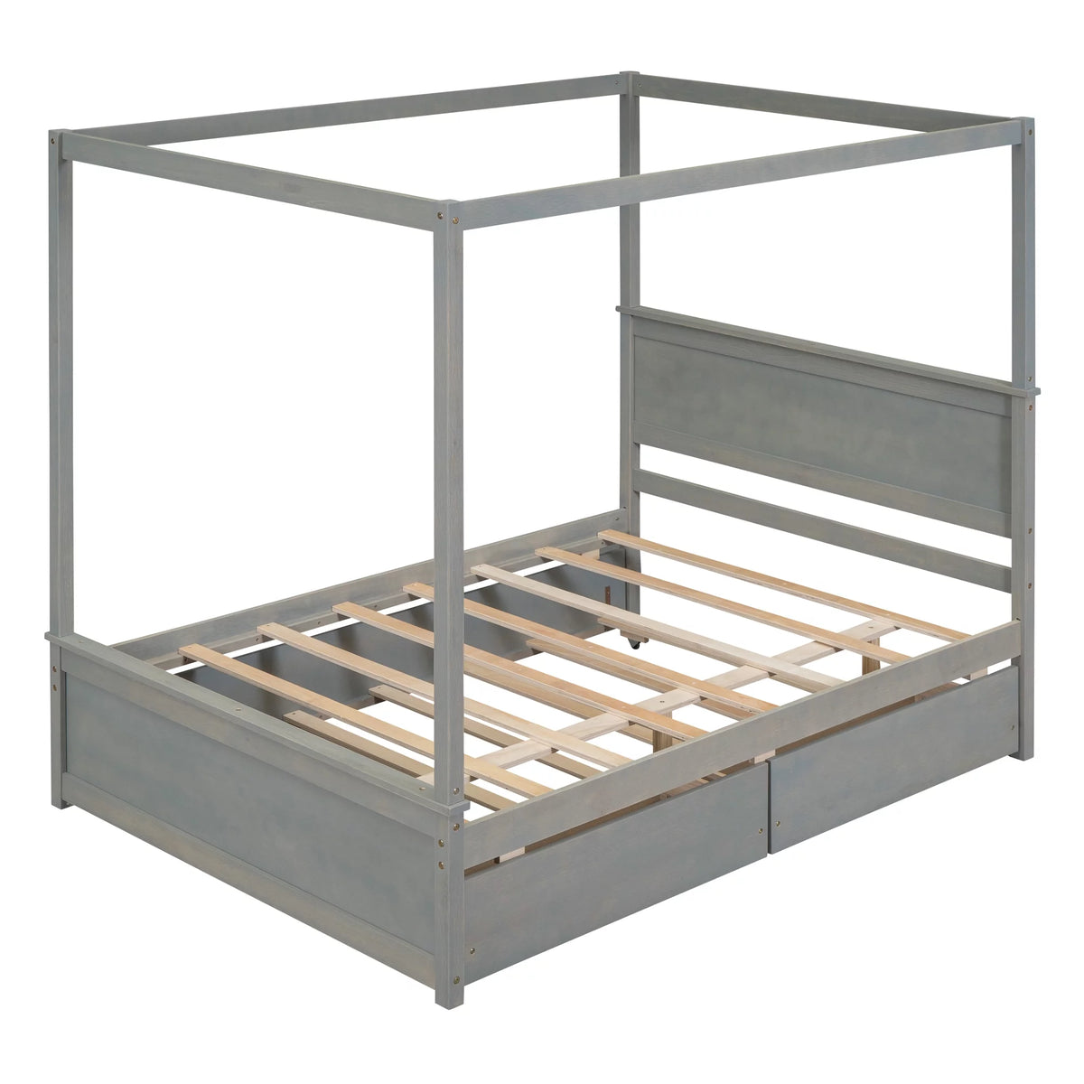 Gray Full Size Canopy Bed Frame with Trundle and 2 Storage Drawers B867