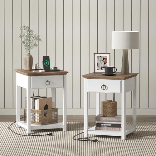 White Solid Wood Square End Table with Drawer X4087