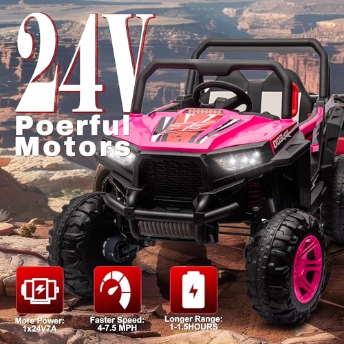 24V Ride on Car Kids Side by Side with Remote Control, 2 Seater 4WD Kids UTV Off-Road Power Wheels, Battery Powered Kids Cars to Drive w/ 4x100W Engine, 3 Speeds, Bluetooth, LED Lights (Pink) E9847
