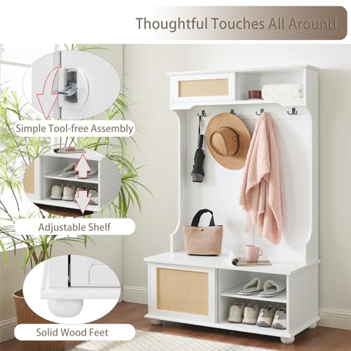 64" 3-in-1 Hall Tree Entryway Four Hooks Rattan Door Shelves Shoe Storage Bench Cabinets with Solid Feet J853