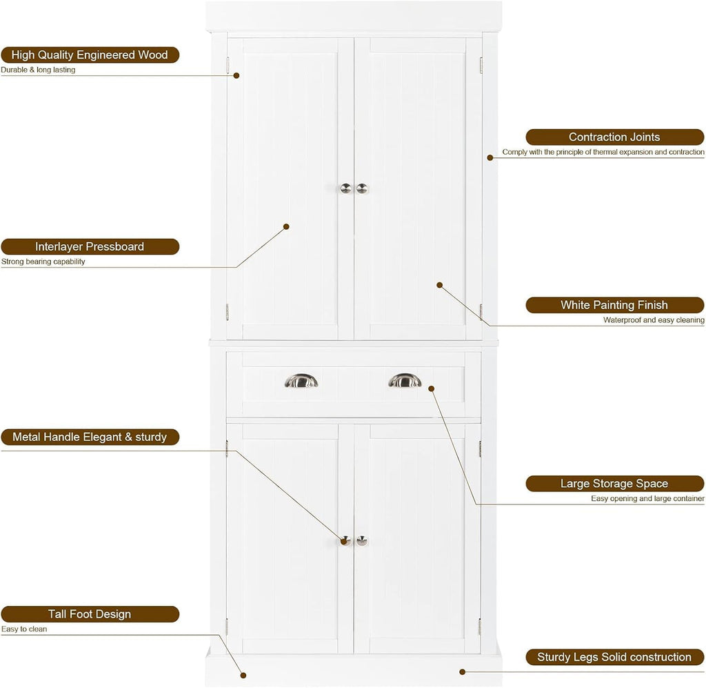 White 72" Tall Freestanding Wood Pantry Cabinet with Doors and Shelves U824