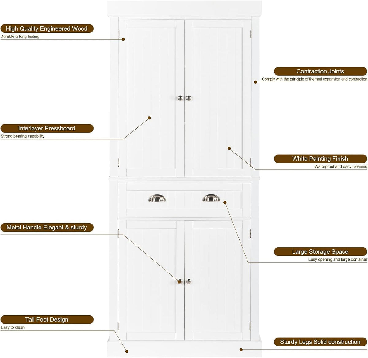 White 72" Tall Freestanding Wood Pantry Cabinet with Doors and Shelves U824