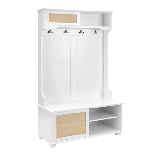64" 3-in-1 Hall Tree Entryway Four Hooks Rattan Door Shelves Shoe Storage Bench Cabinets with Solid Feet J853