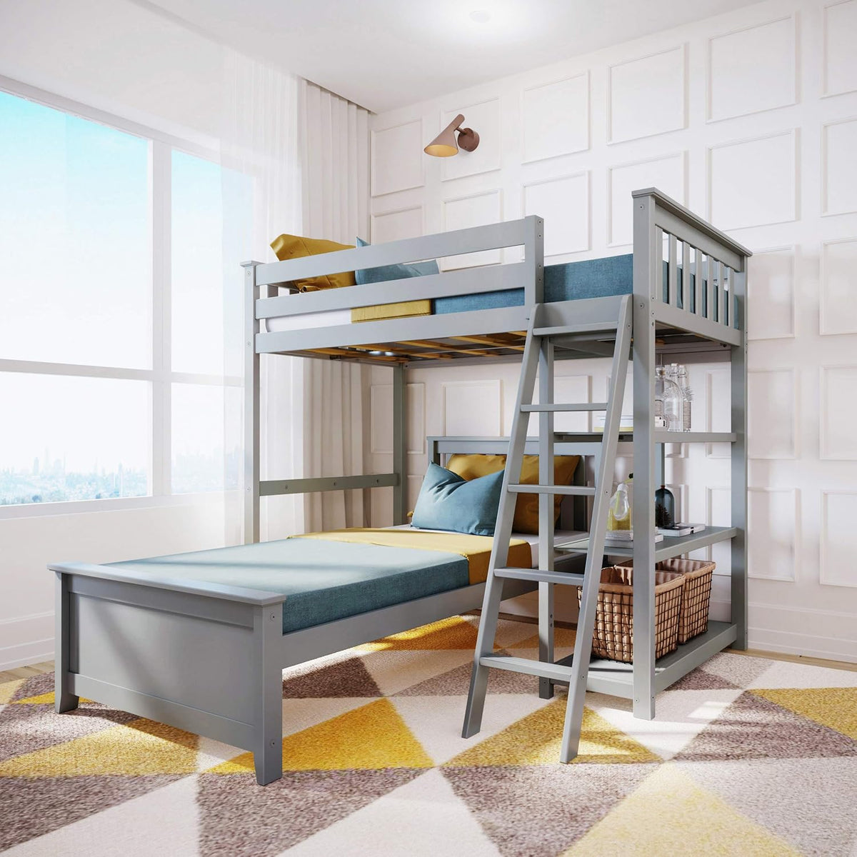 White L Shape Bunk Bed with Bookcase U37904