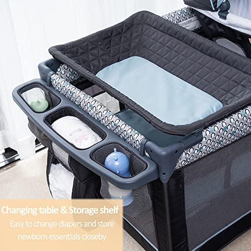 5 in 1 Foldable Baby Crib with Bassinets, Changing Table, Newborn Napper, Diaper Stacker, Playpen D15275