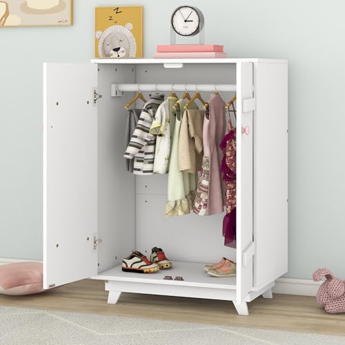 White Wooden Wardrobe Cabinet with Hanging Rod and Doors M71073