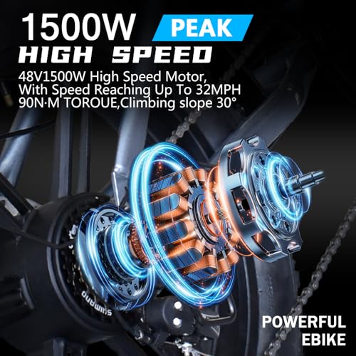 1500W Peak Brushless Motor 30 MPH Fat Tire E Bike with 624-2880Wh Removable Battery 20" Electric Dirt Bike with Dual Suspension and 7-Speed J194129