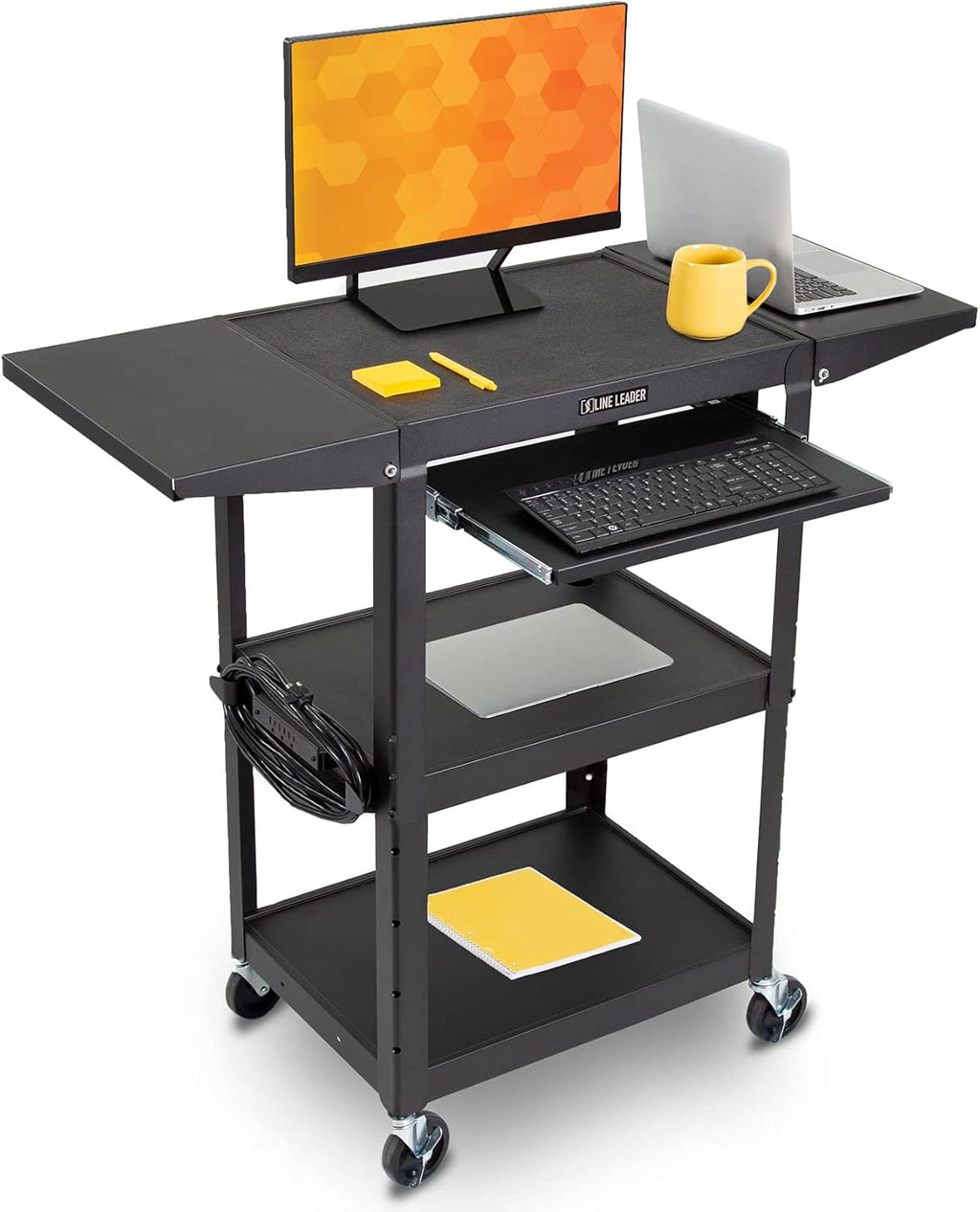 Black Height Adjustable Utility Cart with Drop Leaf Shelves and Pullout Laptop Tray D4064