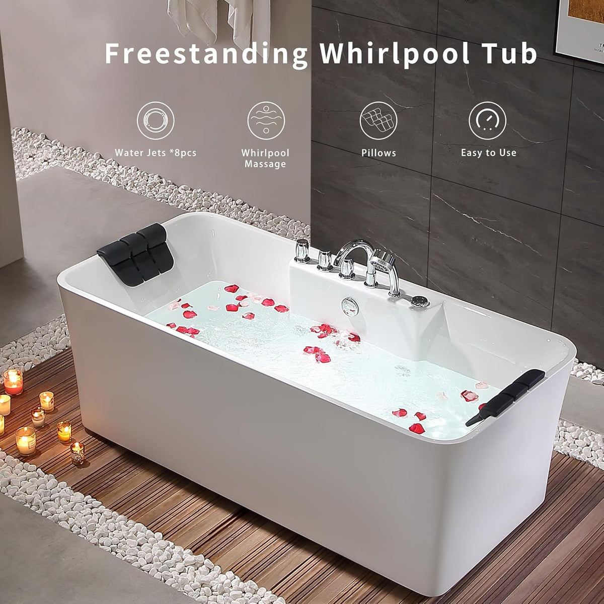 67 Inch Freestanding Acrylic Whirlpool Bathtub with 8 Jets, White S9564