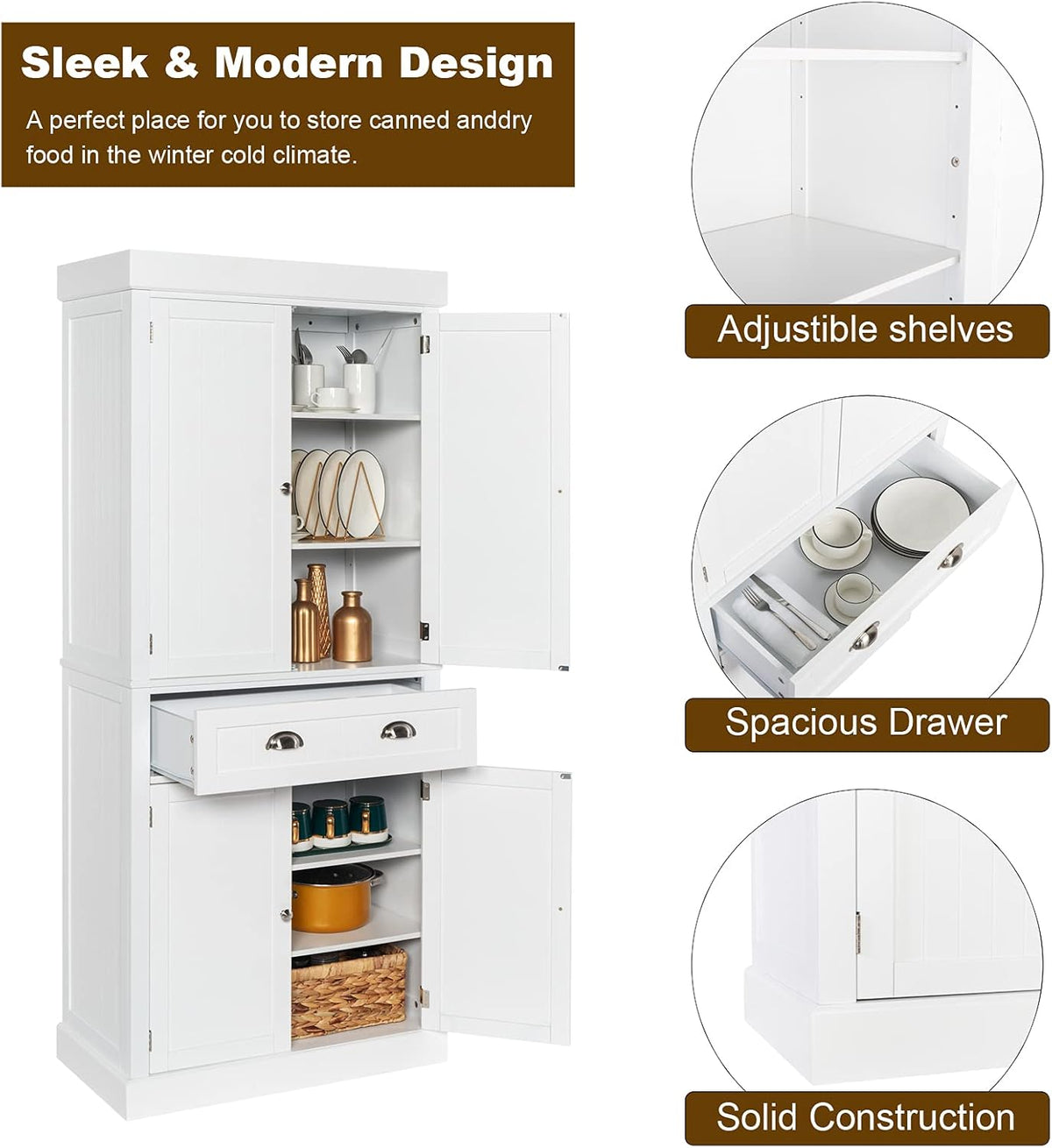 White 72" Tall Freestanding Wood Pantry Cabinet with Doors and Shelves U824