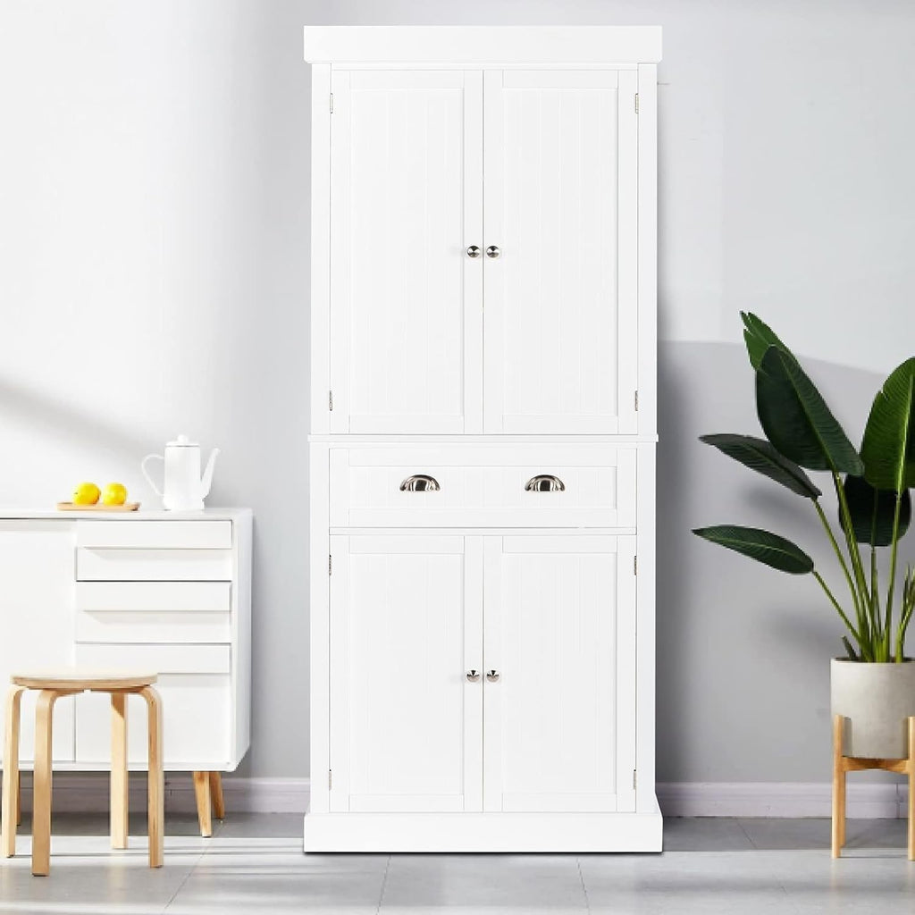 White 72" Tall Freestanding Wood Pantry Cabinet with Doors and Shelves U824