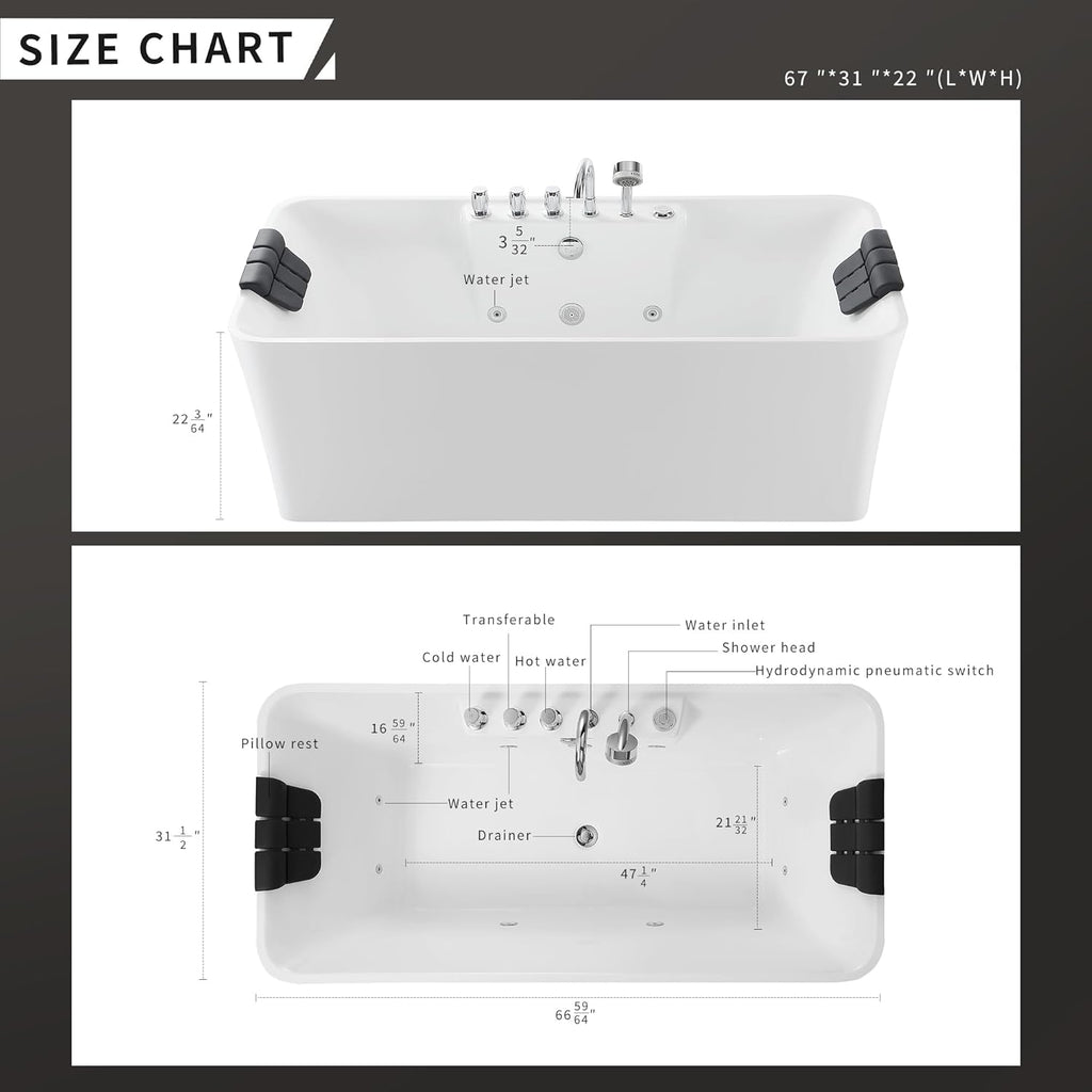 67 Inch Freestanding Acrylic Whirlpool Bathtub with 8 Jets, White S9564