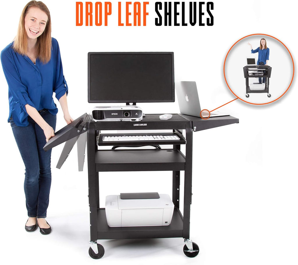 Black Height Adjustable Utility Cart with Drop Leaf Shelves and Pullout Laptop Tray D4064