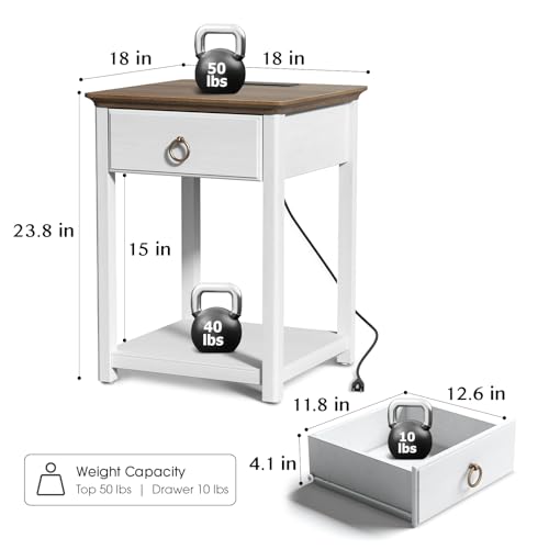 White Solid Wood Square End Table with Drawer X4087