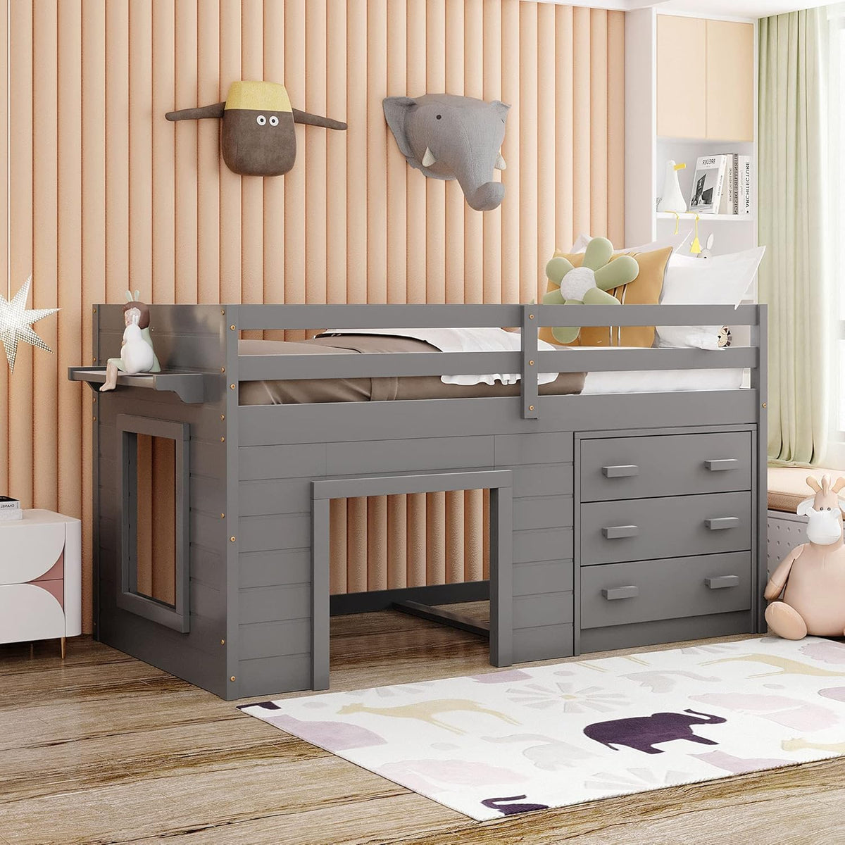 White Twin Loft Bed with Storage Drawers G625792
