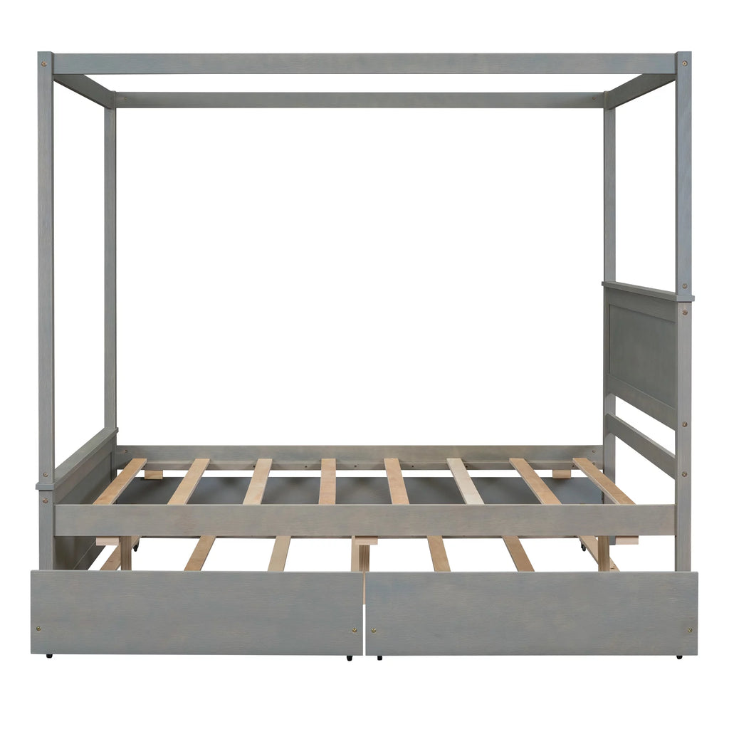 Gray Full Size Canopy Bed Frame with Trundle and 2 Storage Drawers B867