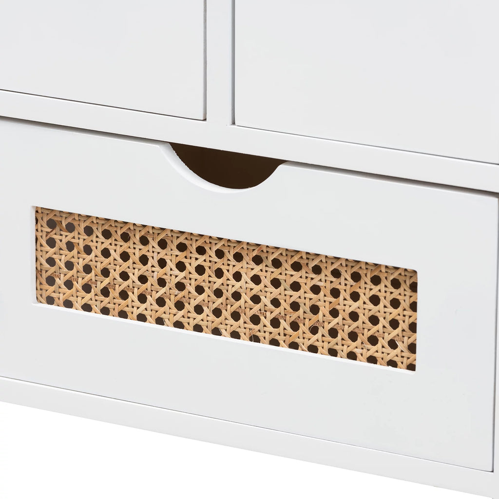 Light Beige Fabric White Wood 3-Drawer Storage Bench with Natural Rattan B357
