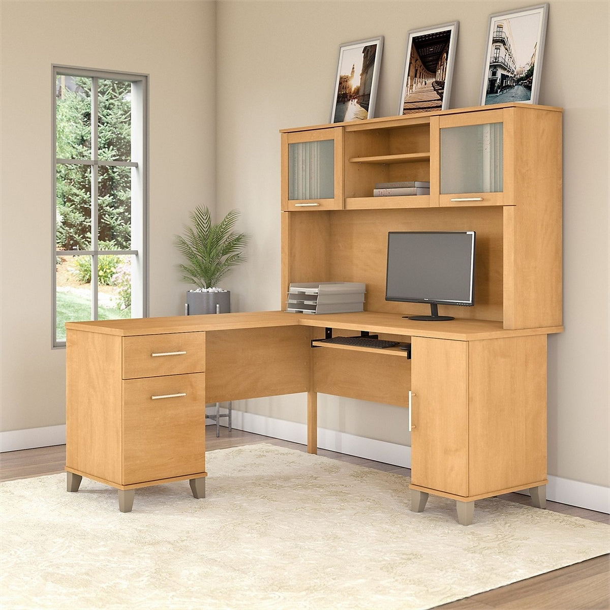 60" Transitional Wood L Shaped Desk with Hutch L7268