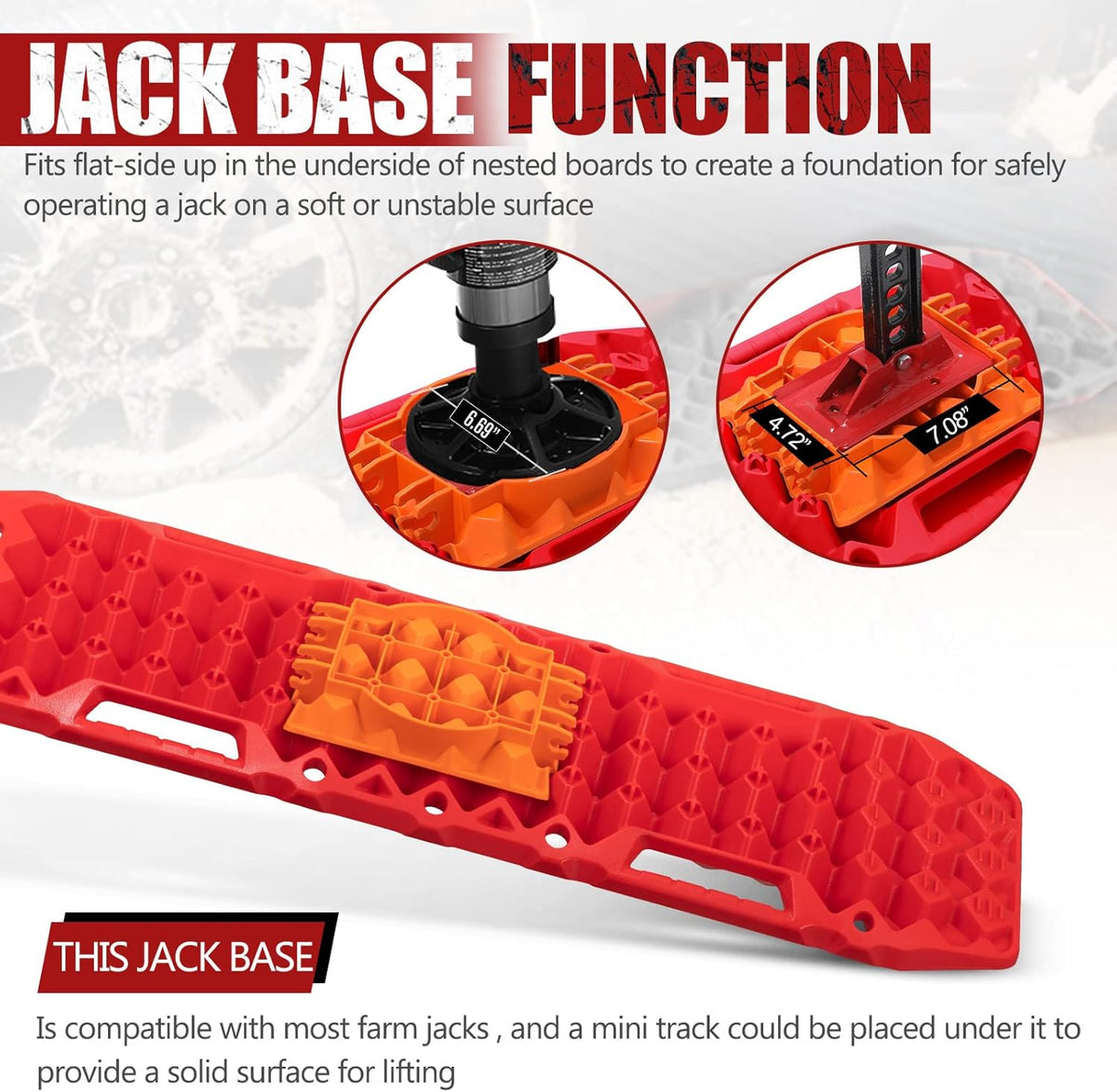 Red Off-Road Traction Boards with Jack Lift Base, 2 Pcs Recovery Track Ramp Traction Mat with Carry Bag L297