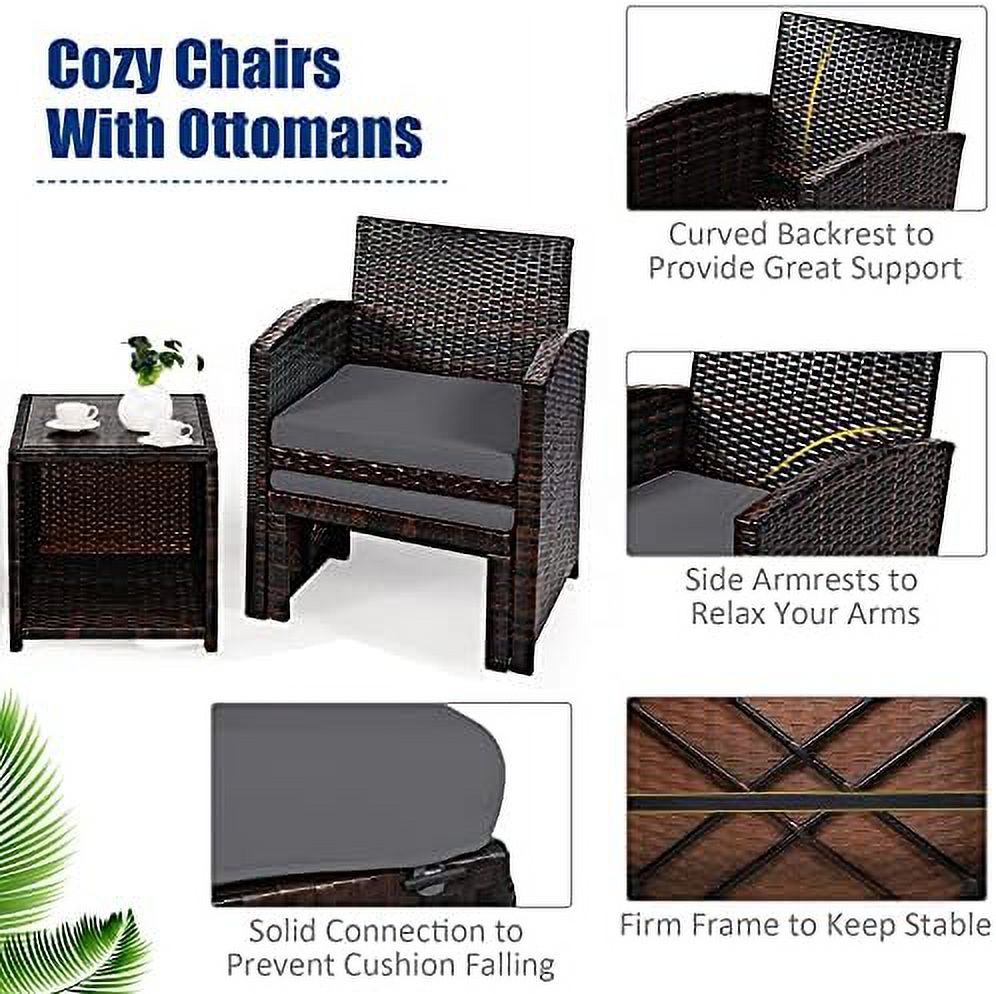 Patio Rattan Conversation Set with Cushioned Chair & Ottoman & Tempered Glass Coffee Table Y632