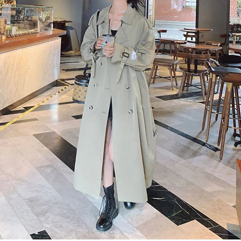 Large Collar Belted Twill Long Trench Coat P623579