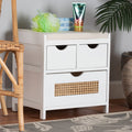 Light Beige Fabric White Wood 3-Drawer Storage Bench with Natural Rattan B357